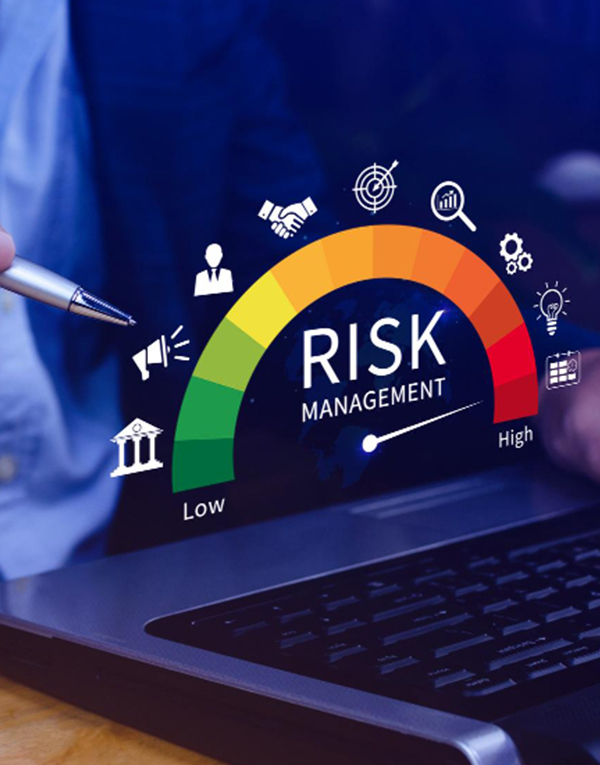 Business team analyzing workforce data to implement client risk mitigation strategies